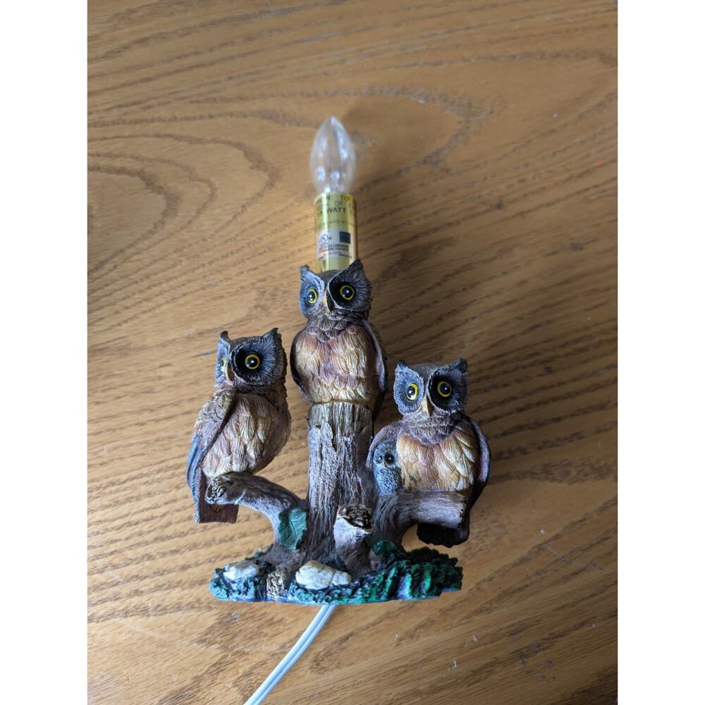 Vintage 4 Owls On A Tree Table Lamp Very Detailed Resin Small - Picture 4 of 13